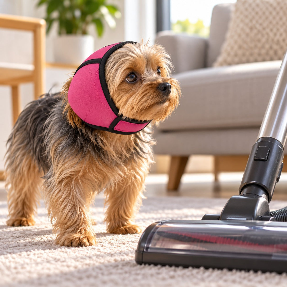 Perro pequeño con orejeras PaxEar 2.0 junto a una aspiradora