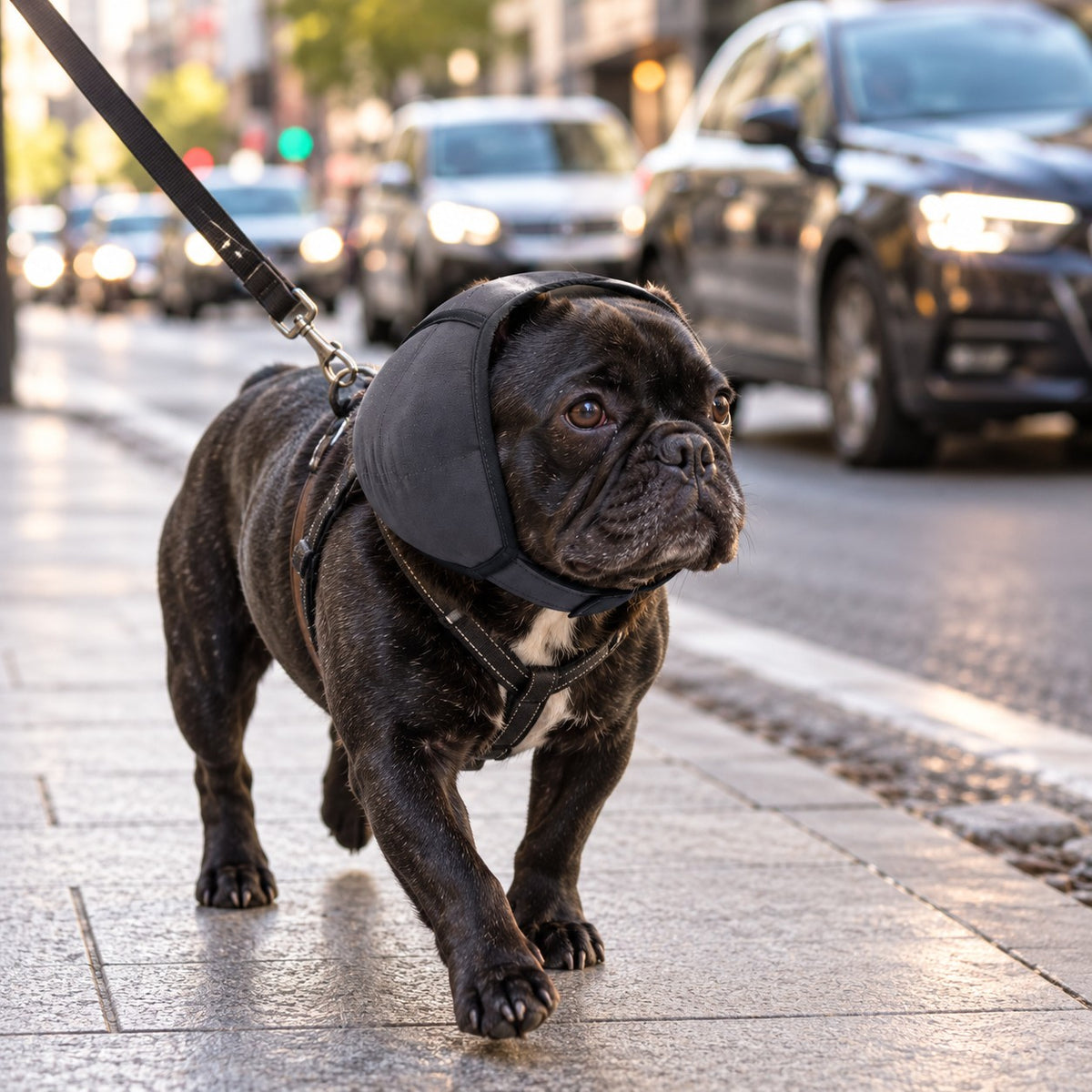 Bulldog francés paseando por la ciudad con las orejeras PaxEar 2.0