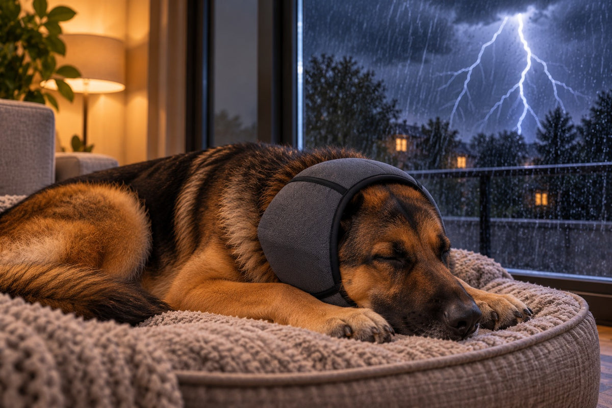 Pastor alemán durmiendo tranquilo con las orejeras PaxEar 2.0 grises durante una tormenta